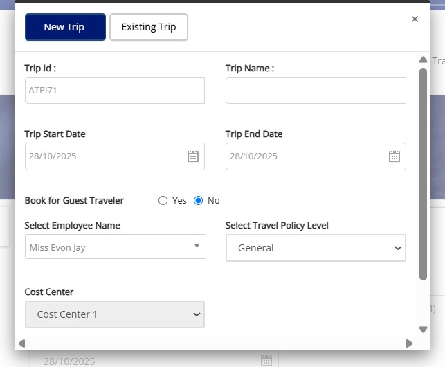 New Trip Dialog